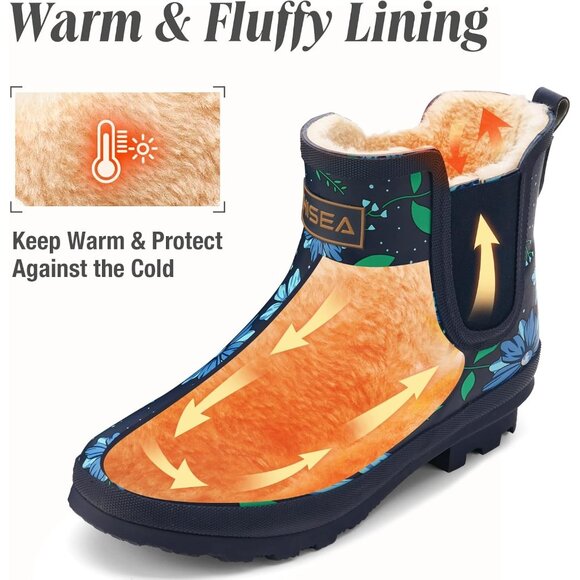 ⚡Women's Blue Flower Plush Rain Ankle Snow Boots Waterproof Chelsea Rubber - Picture 5 of 6